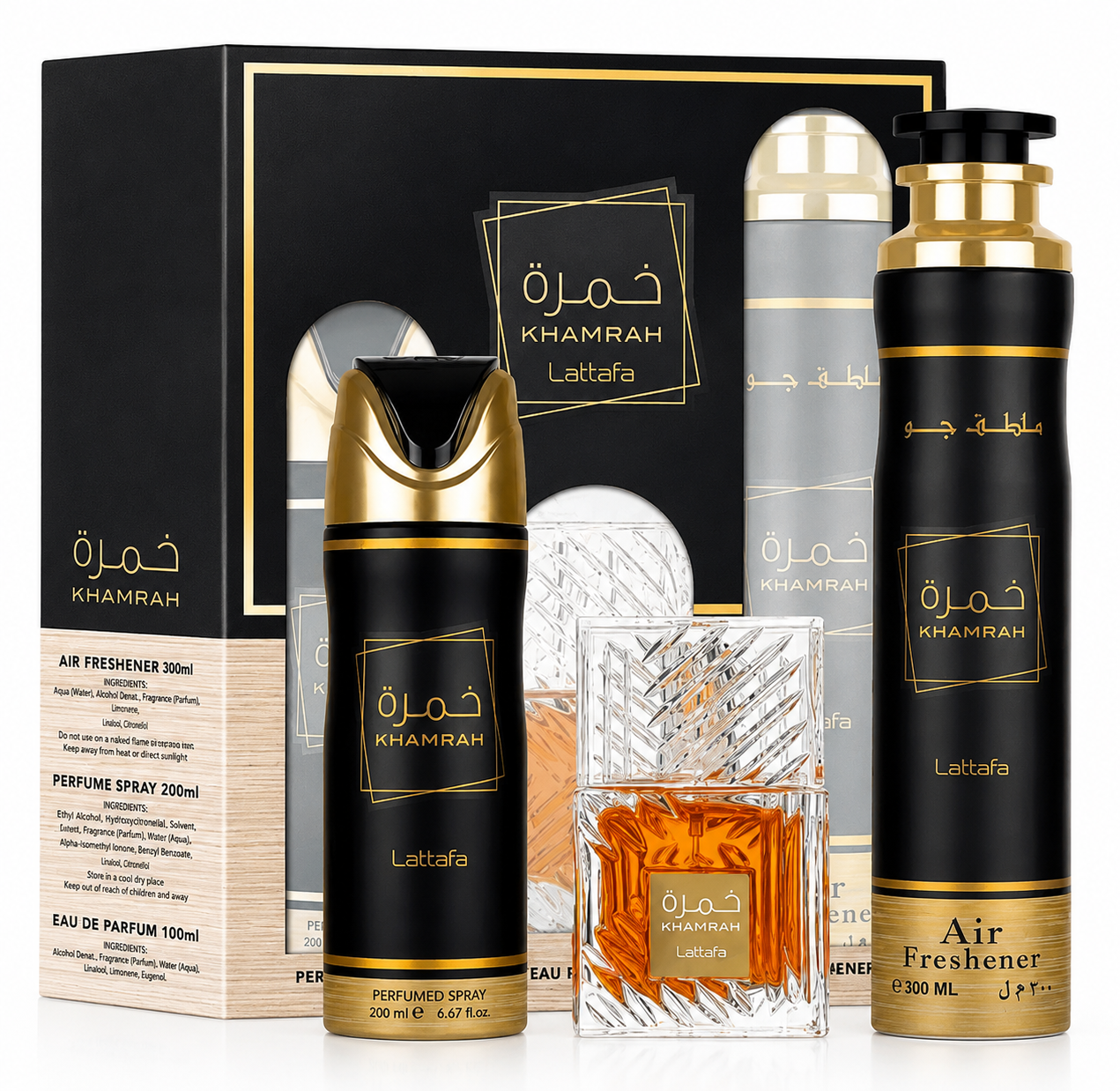Lattafa Khamrah woda perfumowana spray 100 ml + dezodorant spray 200 ml + odświeżacz powietrza 300 ml